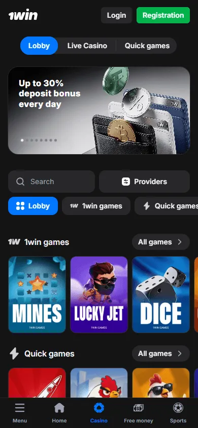1win Casino mobile games screen
