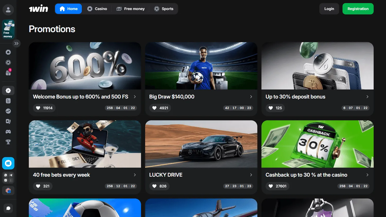 1win Casino desktop promotions screen