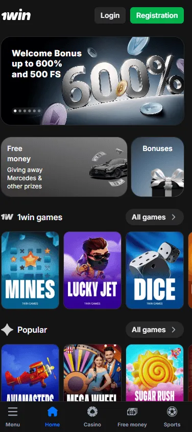 1win Casino mobile home screen