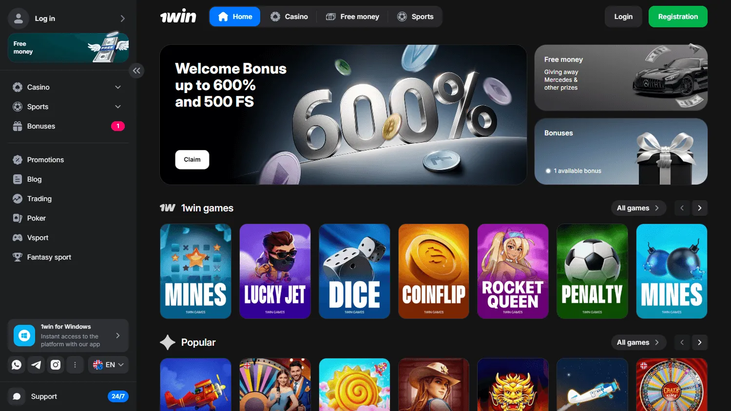 1win Casino desktop home screen