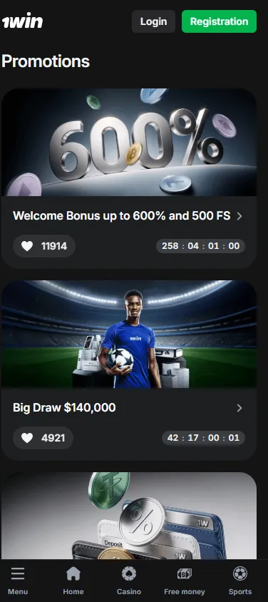 1win Casino mobile promotions screen